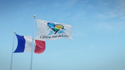Waving flags of France and the logo of the Centre-Val de Loire region against blue sky backdrop. 3d rendering