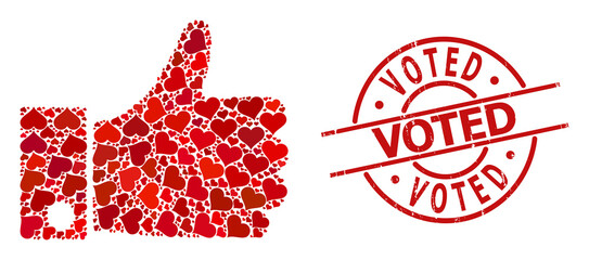Grunge Voted stamp, and red love heart mosaic for thumb up. Red round stamp seal contains Voted caption inside circle. Thumb up mosaic is created from red romance items.