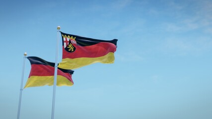 Waving flags of Germany and the German state of Rheinland-Pfalz against blue sky backdrop. 3d rendering