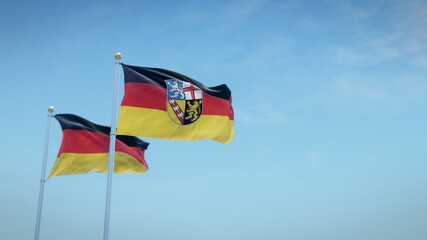 Waving flags of Germany and the German state of Saarland against blue sky backdrop. 3d rendering