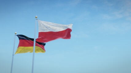 Waving flags of Germany and the German state of Thüringen against blue sky backdrop. 3d rendering