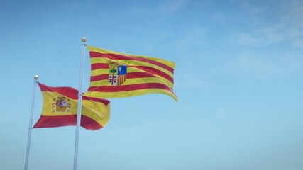 Waving flags of Spain and the autonomous community of Aragón against blue sky backdrop. 3d rendering