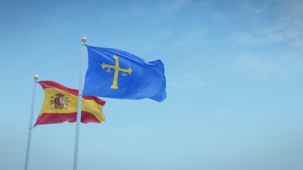 Waving flags of Spain and the autonomous community of Asturias against blue sky backdrop. 3d rendering