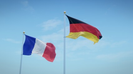 Flags of France and Germany against blue sky backdrop. 3d rendering