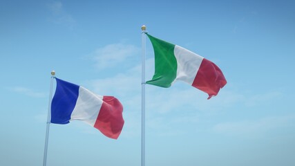 Flags of France and Italy against blue sky backdrop. 3d rendering