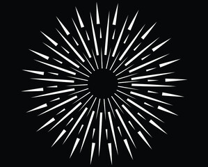  Radial white speed lines in round form. Vector illustration. Fireworks. Star rays. Explosion. Design element for prints, web, template, logo, tattoo and pattern. Trendy design element
