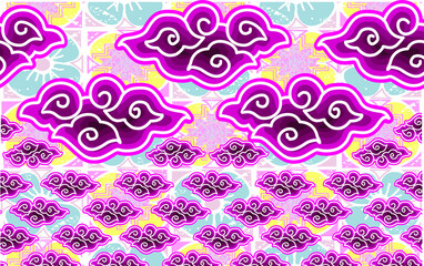 Motif Mega Mendung, batik motif typical of West Java Indonesia, curved line pattern with cloud objects, with developments and various artistic colors