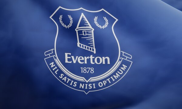 Logo of English football club Everton F.C. on waving fabric. Editorial 3D rendering