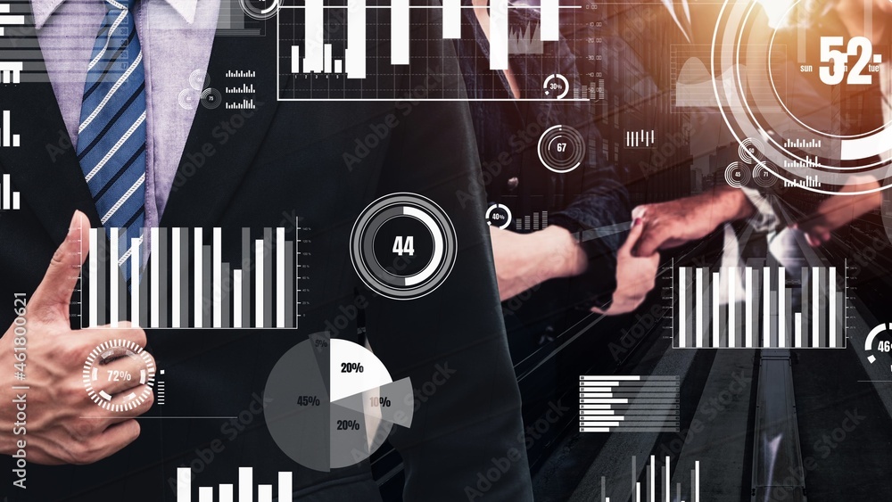 Poster conceptual business dashboard for financial data analysis . 3d render computer graphic .