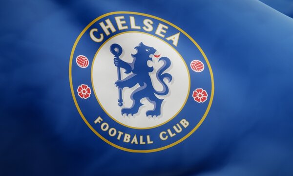 Logo of English football club Chelsea F.C. on waving fabric. Editorial 3D rendering