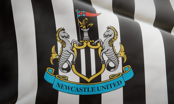 Logo of English football club Newcastle United F.C. on waving fabric. Editorial 3D rendering