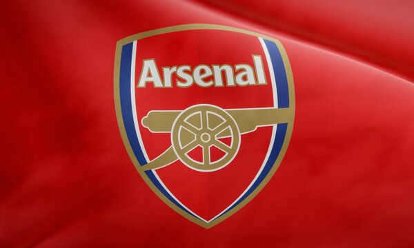 Logo of English football club Arsenal F.C. on waving fabric. Editorial 3D rendering