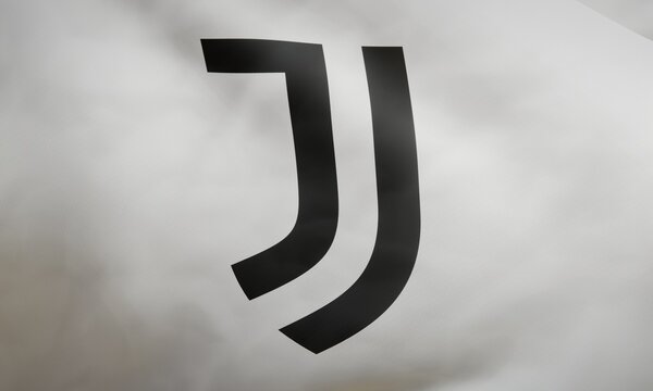 Logo of Italian football club Juventus F.C. on waving fabric. Editorial 3D rendering