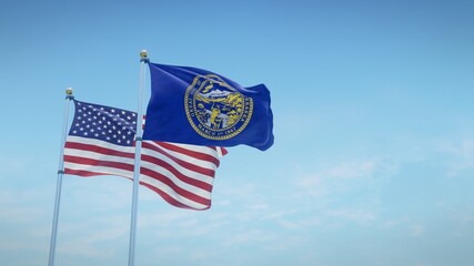 Waving flags of the USA and the US state of Nebraska against blue sky backdrop. 3d rendering