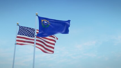 Obraz premium Waving flags of the USA and the US state of Nevada against blue sky backdrop. 3d rendering