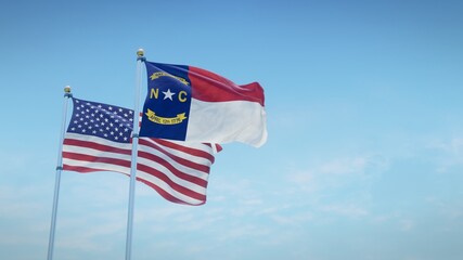 Waving flags of the USA and the US state of North Carolina against blue sky backdrop. 3d rendering