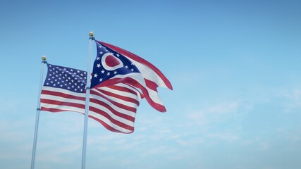 Waving flags of the USA and the US state of Ohio against blue sky backdrop. 3d rendering