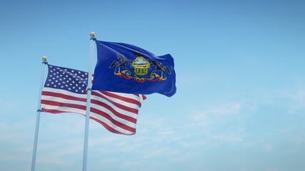 Waving flags of the USA and the US state of Pennsylvania against blue sky backdrop. 3d rendering