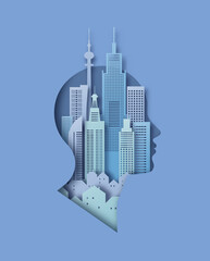 Papercut man head with modern architecture city building inside in 3D paper cut art style. Construction business or mind psychology concept.