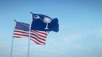 Waving flags of the USA and the US state of South Carolina against blue sky backdrop. 3d rendering