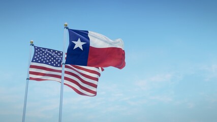 Waving flags of the USA and the US state of Texas against blue sky backdrop. 3d rendering