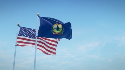 Waving flags of the USA and the US state of Vermont against blue sky backdrop. 3d rendering