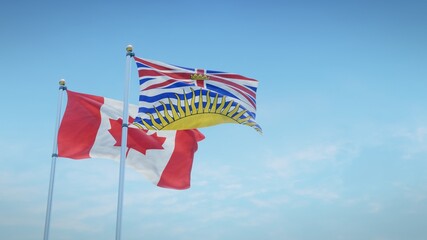 Waving flags of Canada and the Canadian province of British Columbia against blue sky backdrop. 3d rendering