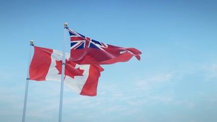Waving flags of Canada and the Canadian province of Manitoba against blue sky backdrop. 3d rendering