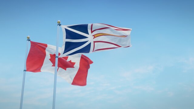 Waving Flags Of Canada And The Canadian Province Of Newfoundland And Labrador Against Blue Sky Backdrop. 3d Rendering