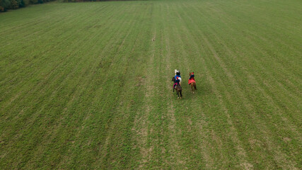 Aerial view of group of fox hunters on the horses in the autumn field. Equestrian riding sport in a...
