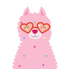 Llama alpaca cute pink color fur wool wearing glasses shape of heart and smile isolated on white background. Vector illustration for poster, case, textile, party invitations, postcards
