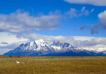 View of Paine Massif and the three Towers of Torres in Patagonia in the south of Chile