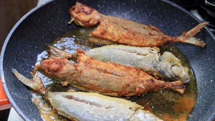 frying fish in the pan in shallow oil
