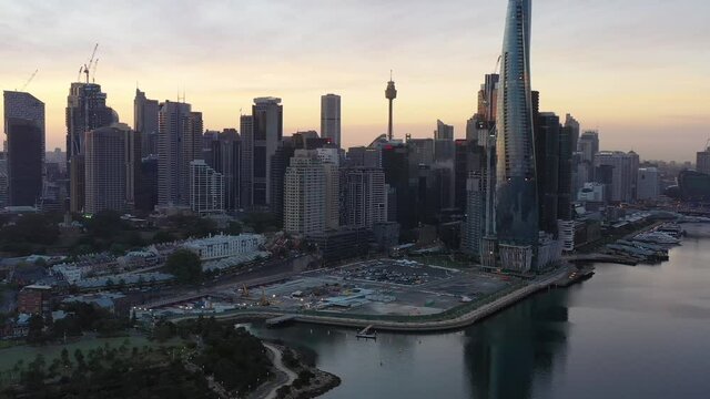 The rocks and Sydney city CBD waterfront on Darling Harbour &ndash; aerial 4k.
