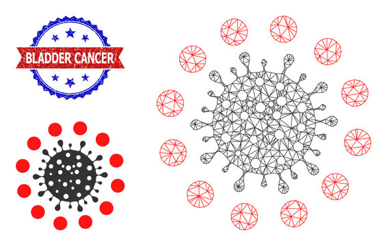 Net coronavirus red zone wireframe icon, and bicolor scratched Bladder Cancer seal stamp. Polygonal wireframe image is designed with coronavirus red zone icon.