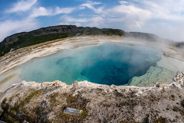 Sapphire Pool hot spring in Yellowstone National Park, taken in fisheye