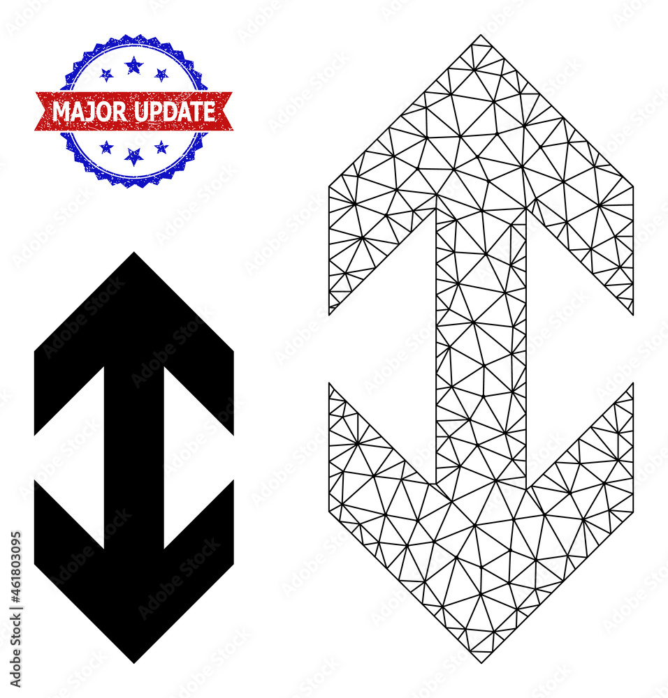 Poster triangular flip vertically wireframe icon, and bicolor textured major update watermark. polygonal wi