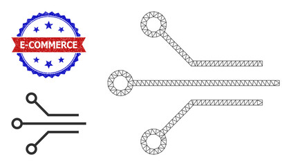 Net circuit contacts carcass icon, and bicolor grunge E-Commerce watermark. Mesh carcass illustration is designed with circuit contacts icon.