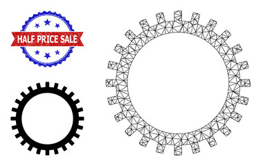 Polygonal gear frame illustration, and bicolor grunge Half Price Sale seal stamp. Polygonal wireframe illustration is designed with gear pictogram.