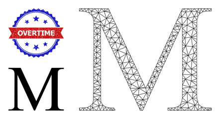 Mesh Mu Greek letter carcass icon, and bicolor grunge Overtime seal. Mesh carcass illustration is designed with Mu Greek letter pictogram.