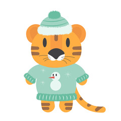 Tiger on a white background. Vector tiger. New Year vector illustration of a tiger. Chinese tiger. Christmas flat illustration with tiger.