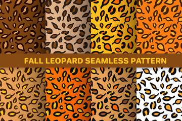 Leopard or jaguar seamless pattern made of fall leaves. Trendy animal print with autumn colors. Set of vector backgrounds for fabric, wrapping paper, textile, wallpaper, etc