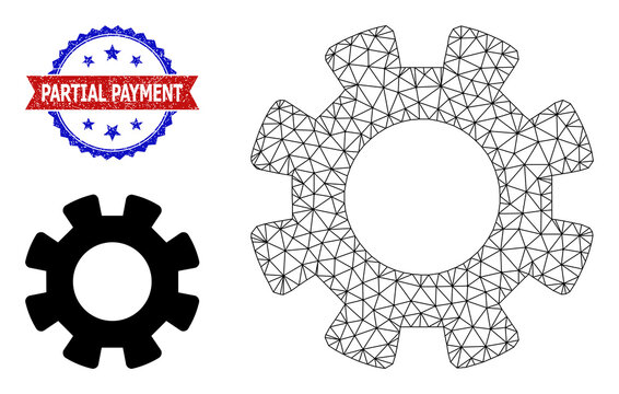 Triangular gearwheel carcass icon, and bicolor grunge Partial Payment watermark. Mesh wireframe illustration designed with gearwheel icon.