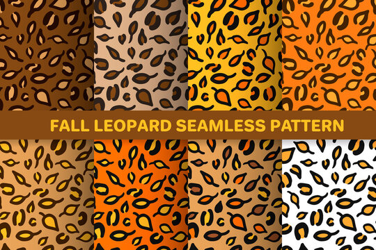 Leopard Or Jaguar Seamless Pattern Made Of Fall Leaves. Trendy Animal Print With Autumn Colors. Set Of Vector Backgrounds For Fabric, Wrapping Paper, Textile, Wallpaper, Etc