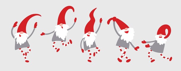 Merry dancing Christmas gnomes. Vector flat illustration. - 461803468