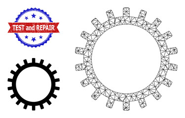 Net gear carcass illustration, and bicolor rubber Test and Repair watermark. Polygonal carcass symbol designed with gear icon.