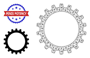Network cogwheel wireframe illustration, and bicolor textured Penis Potency seal stamp. Mesh wireframe illustration is designed with cogwheel icon.