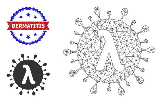 Polygonal Lambda covid virus framework illustration, and bicolor grunge Dermatitis seal stamp. Polygonal wireframe illustration created from Lambda covid virus icon.