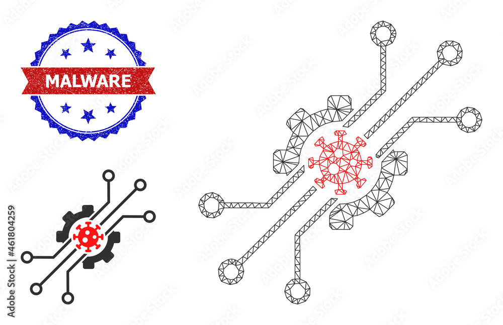 Poster mesh artificial virus wireframe icon, and bicolor unclean malware seal stamp. polygonal wireframe il
