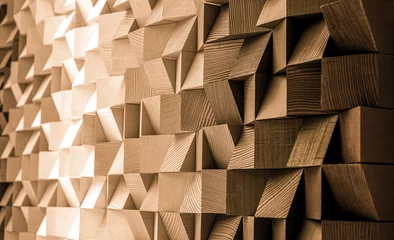 Foto op Plexiglas Natural color wood block wall cubic texture background . Modern contempolary woodwork wallpaper artwork design . © Summit Art Creations